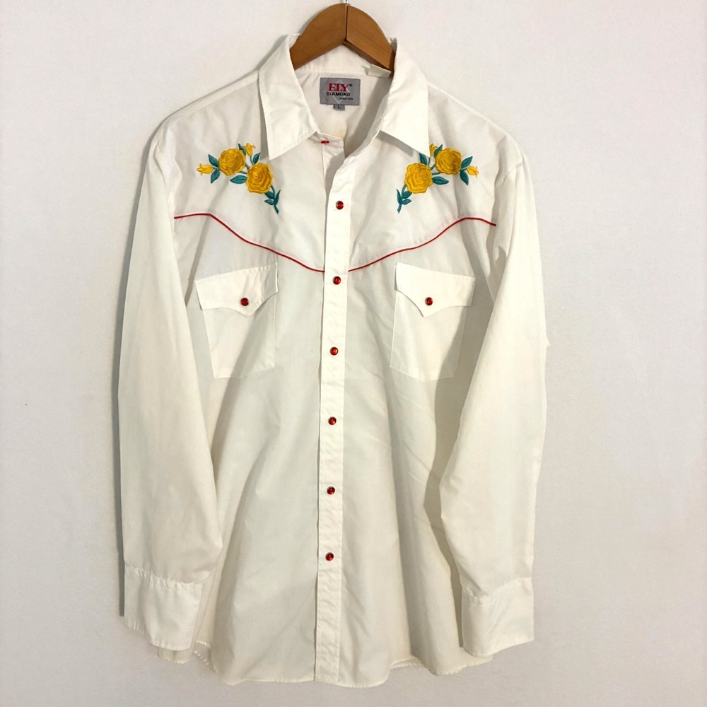 Vtg Ely Diamond Western Shirt Mens L Floral Embroidered Pearl Snap Rockabilly